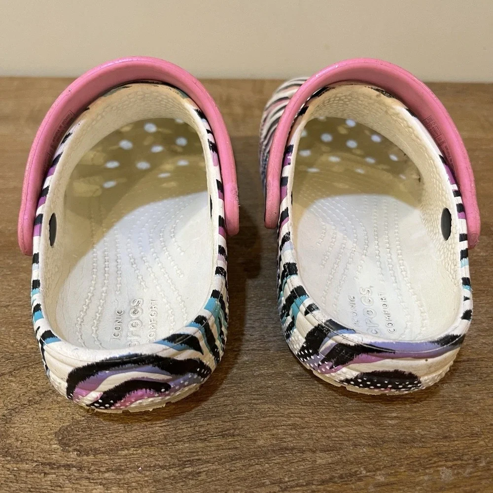 Crocs Kids C12 Classic Zebra Animal Print Clogs Pink Glitter Strap Slip On Shoes